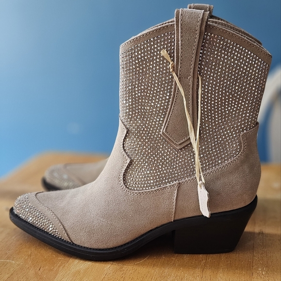 New Poelman Cappuccino Suede Western Rhinestone Boots - Picture 7 of 12